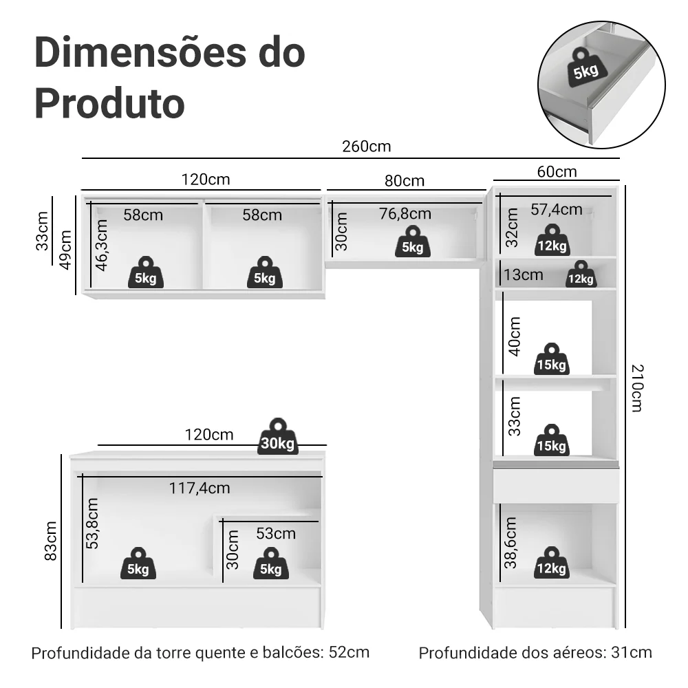 Armário de Cozinha Completa 260cm Branco Diamante Madesa 02 - Image 3