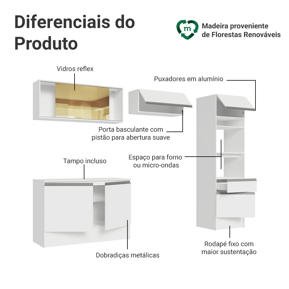 Armário de Cozinha Completa 260cm Branco Diamante Madesa 02 - Image 4