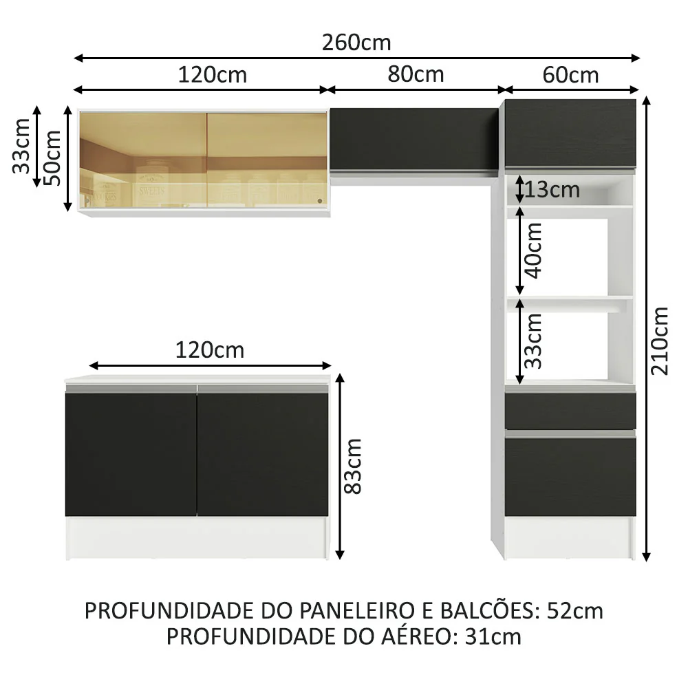 Armário de Cozinha Completa 260cm Branco/Preto Diamante Madesa 02 - Image 3
