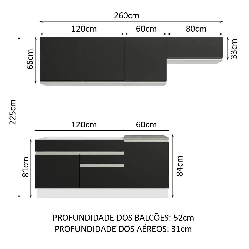 Armário de Cozinha Completa 260cm Branco/Preto Glamy Madesa 03 - Image 3