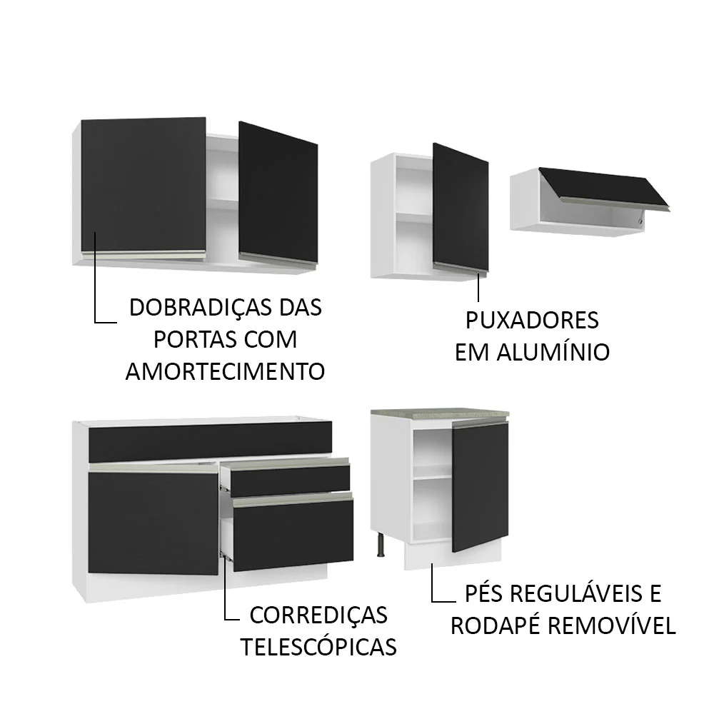 Armário de Cozinha Completa 260cm Branco/Preto Glamy Madesa 03 - Image 4