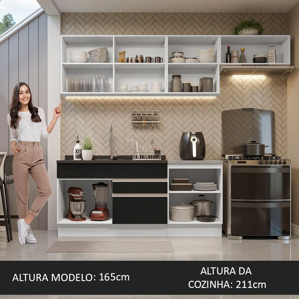 Armário de Cozinha Completa 260cm Branco/Preto Glamy Madesa 03 - Image 5