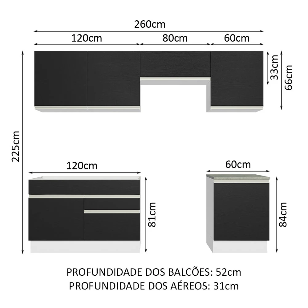 Armário de Cozinha Completa 260cm Branco/Preto Glamy Madesa 04 - Image 3