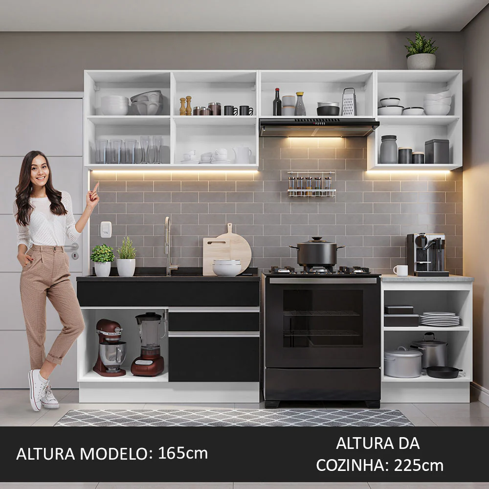 Armário de Cozinha Completa 260cm Branco/Preto Glamy Madesa 04 - Image 6