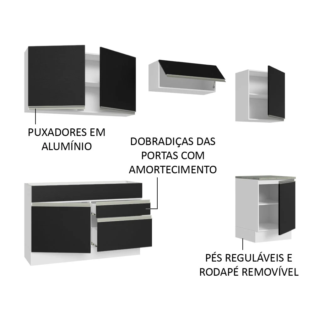 Armário de Cozinha Completa 260cm Branco/Preto Glamy Madesa 05 - Image 4