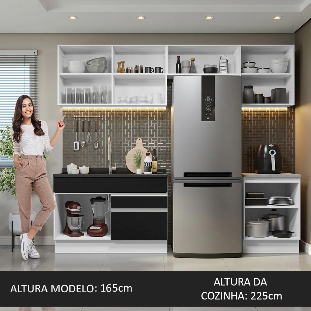 Armário de Cozinha Completa 260cm Branco/Preto Glamy Madesa 05 - Image 6