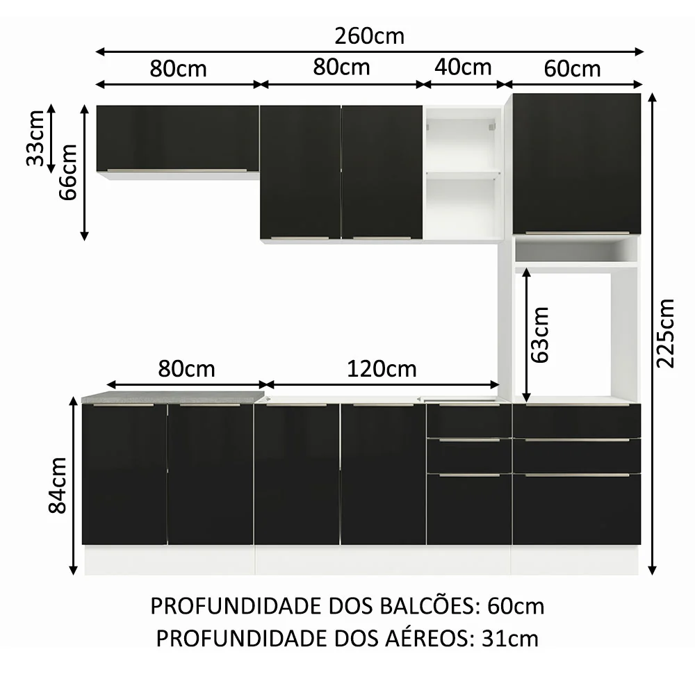 Armário de Cozinha Completa 260 x 60 cm Branco/Preto Lux Madesa 08 - Image 3