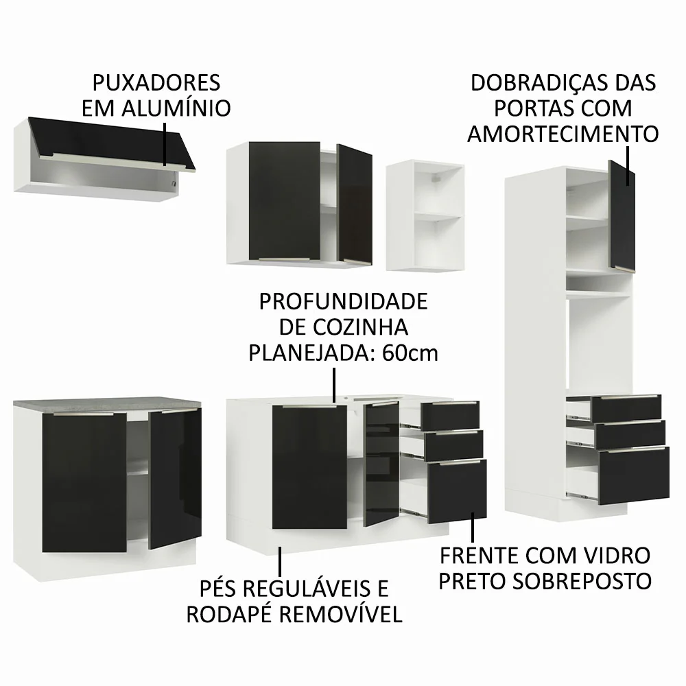 Armário de Cozinha Completa 260 x 60 cm Branco/Preto Lux Madesa 08 - Image 4