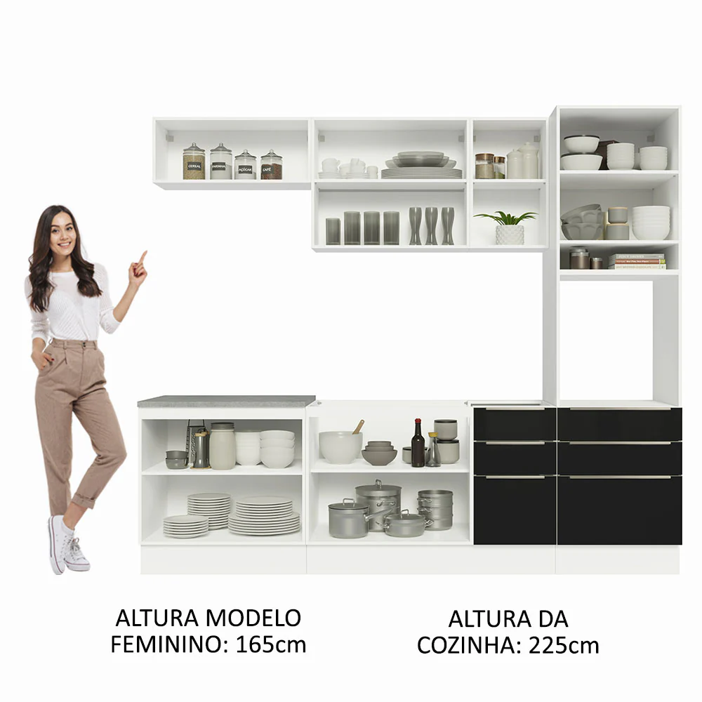 Armário de Cozinha Completa 260 x 60 cm Branco/Preto Lux Madesa 08 - Image 5