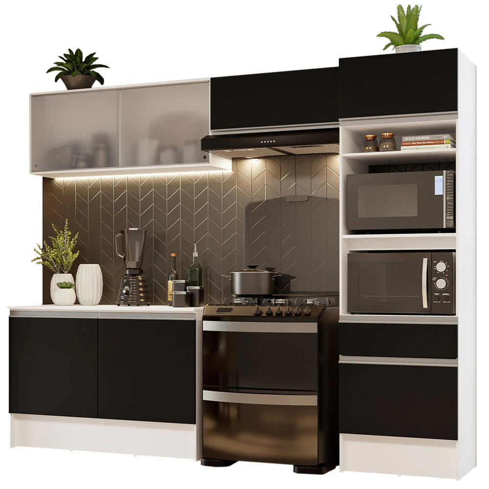 Armário de Cozinha Completa 260cm Branco/Preto Topazio Madesa 01 - Image 2
