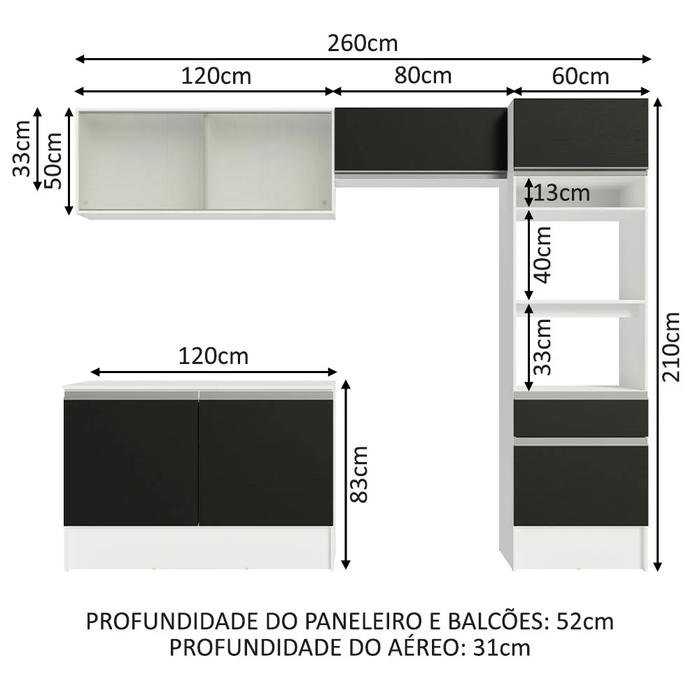 Armário de Cozinha Completa 260cm Branco/Preto Topazio Madesa 01 - Image 3
