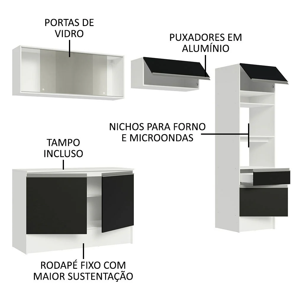Armário de Cozinha Completa 260cm Branco/Preto Topazio Madesa 01 - Image 4