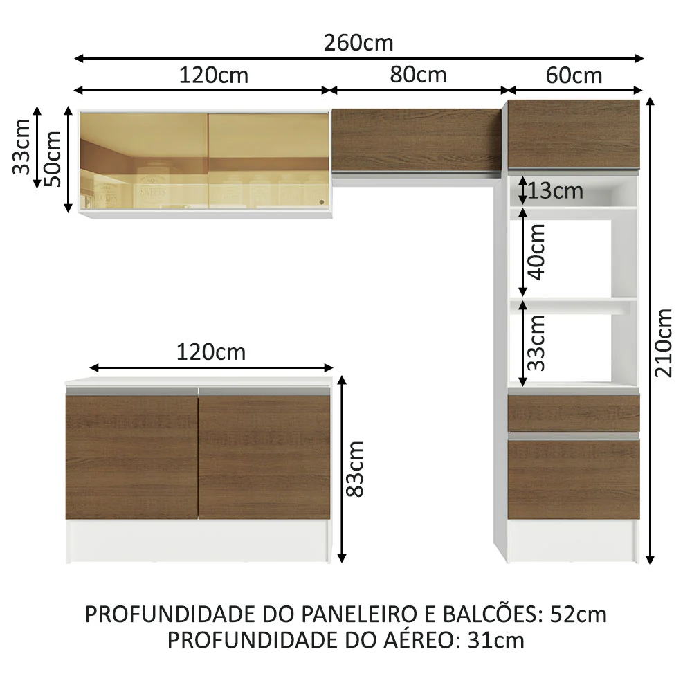 Armário de Cozinha Completa 260cm Branco/Rustic Diamante Madesa 02 - Image 3