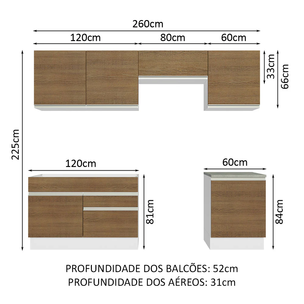 Armário de Cozinha Completa 260cm Branco/Rustic Glamy Madesa 04 - Image 3