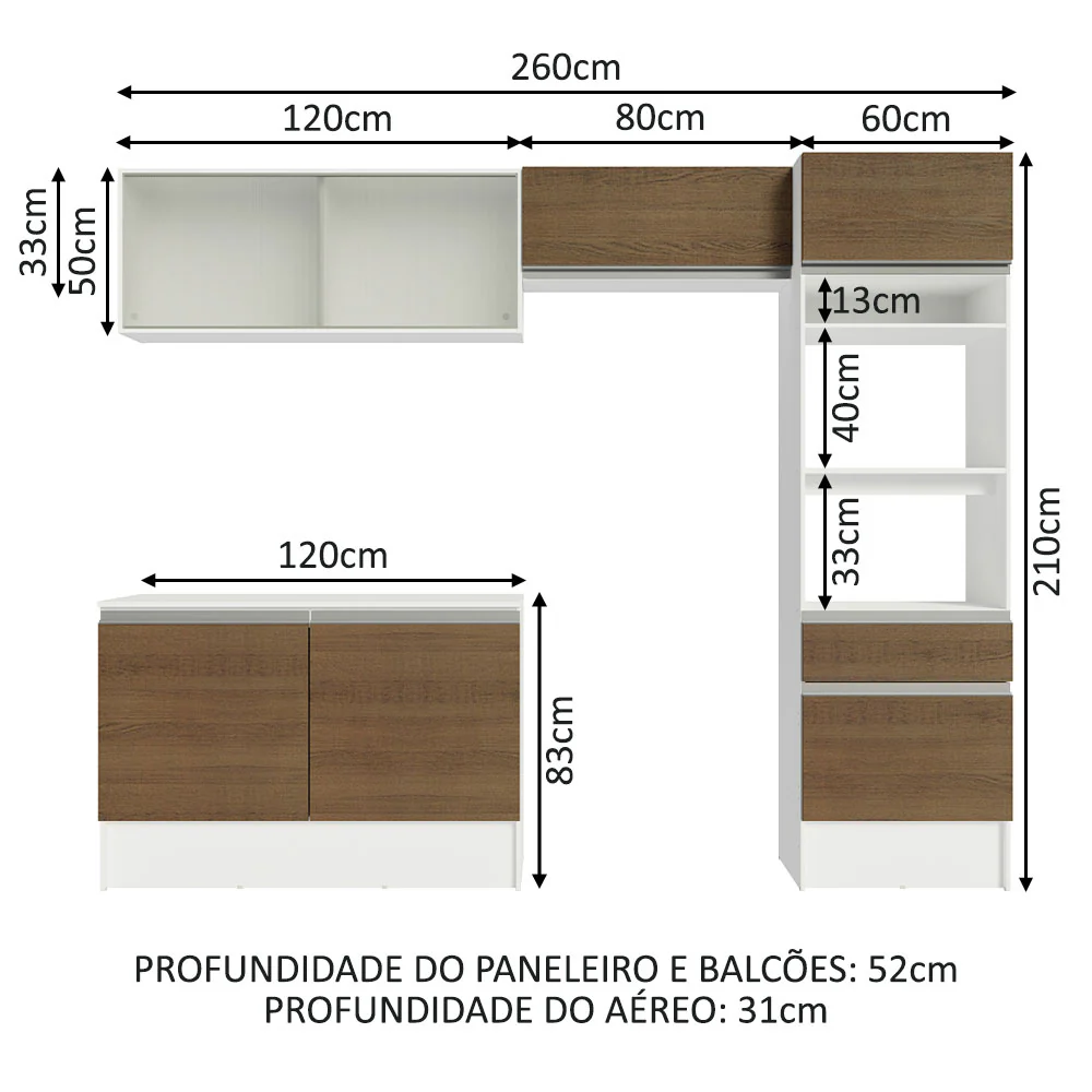 Armário de Cozinha Completa 260cm Branco/Rustic Topazio Madesa 01 - Image 3