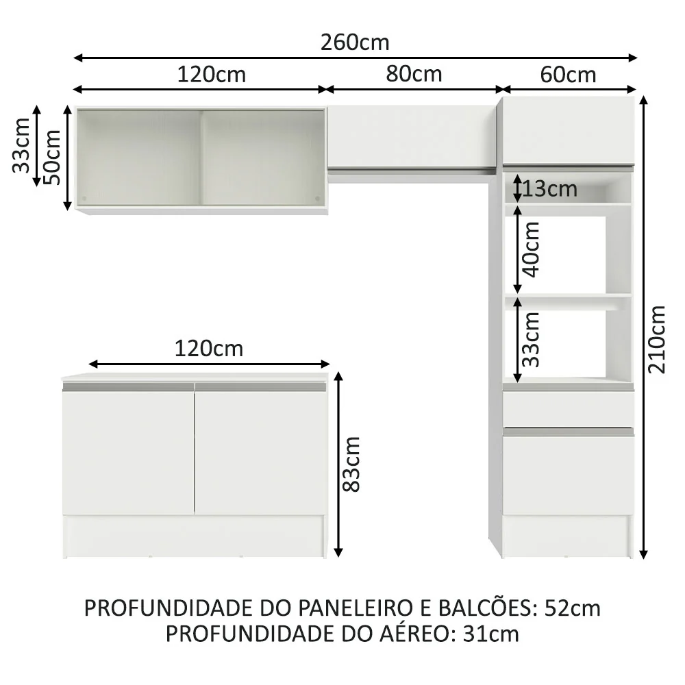 Armário de Cozinha Completa 260cm Branco Topazio Madesa 01 - Image 3