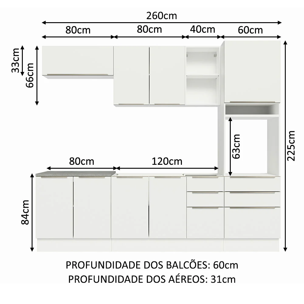 Armário de Cozinha Completa 260 x 60 cm Branco Veludo Lux Madesa 08 - Image 3