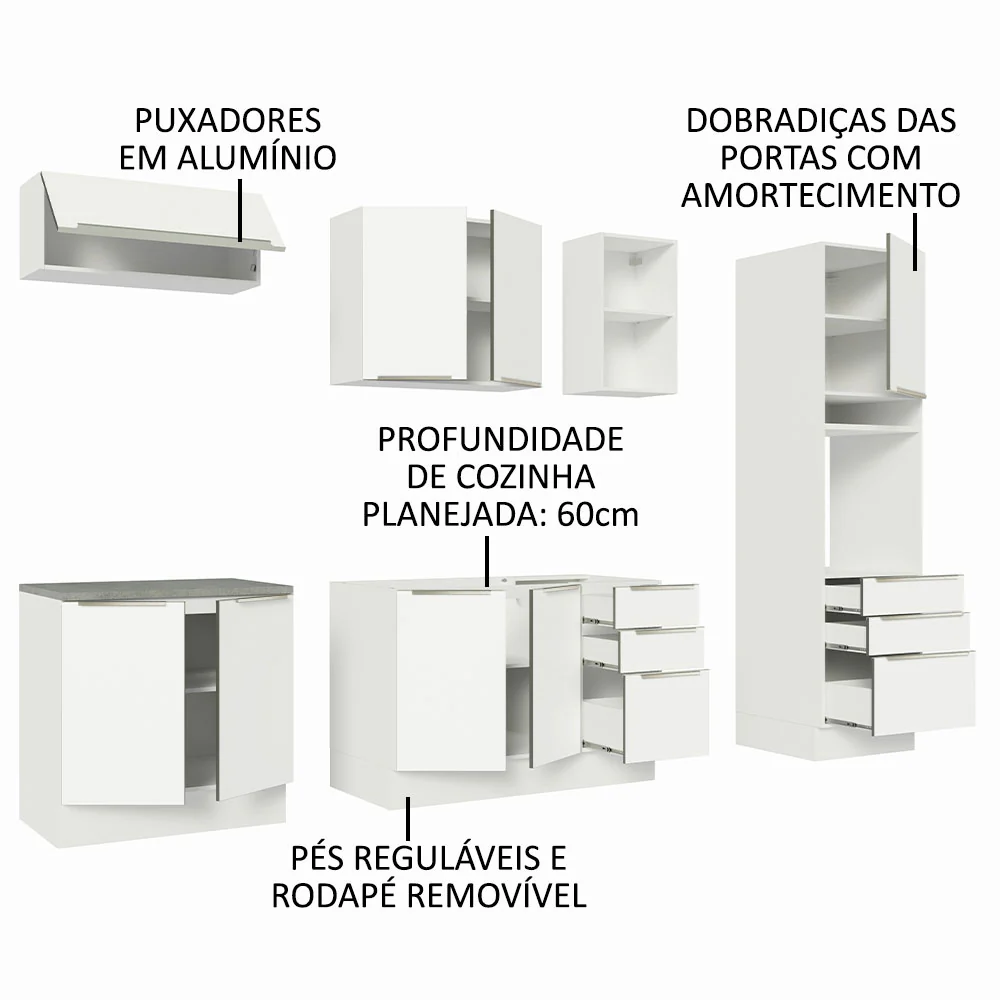 Armário de Cozinha Completa 260 x 60 cm Branco Veludo Lux Madesa 08 - Image 4