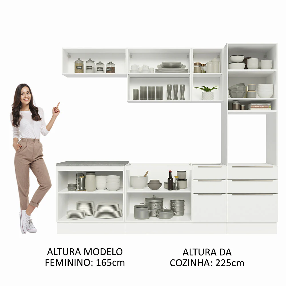 Armário de Cozinha Completa 260 x 60 cm Branco Veludo Lux Madesa 08 - Image 5