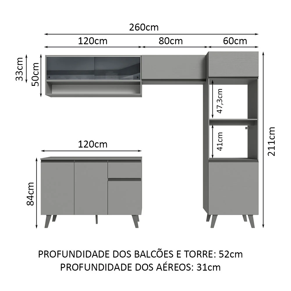 Armário de Cozinha Completa 260cm Cinza Nice Madesa 08 - Image 3