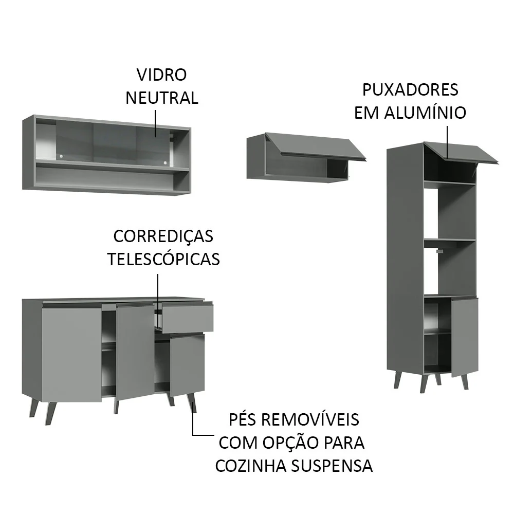 Armário de Cozinha Completa 260cm Cinza Nice Madesa 08 - Image 4