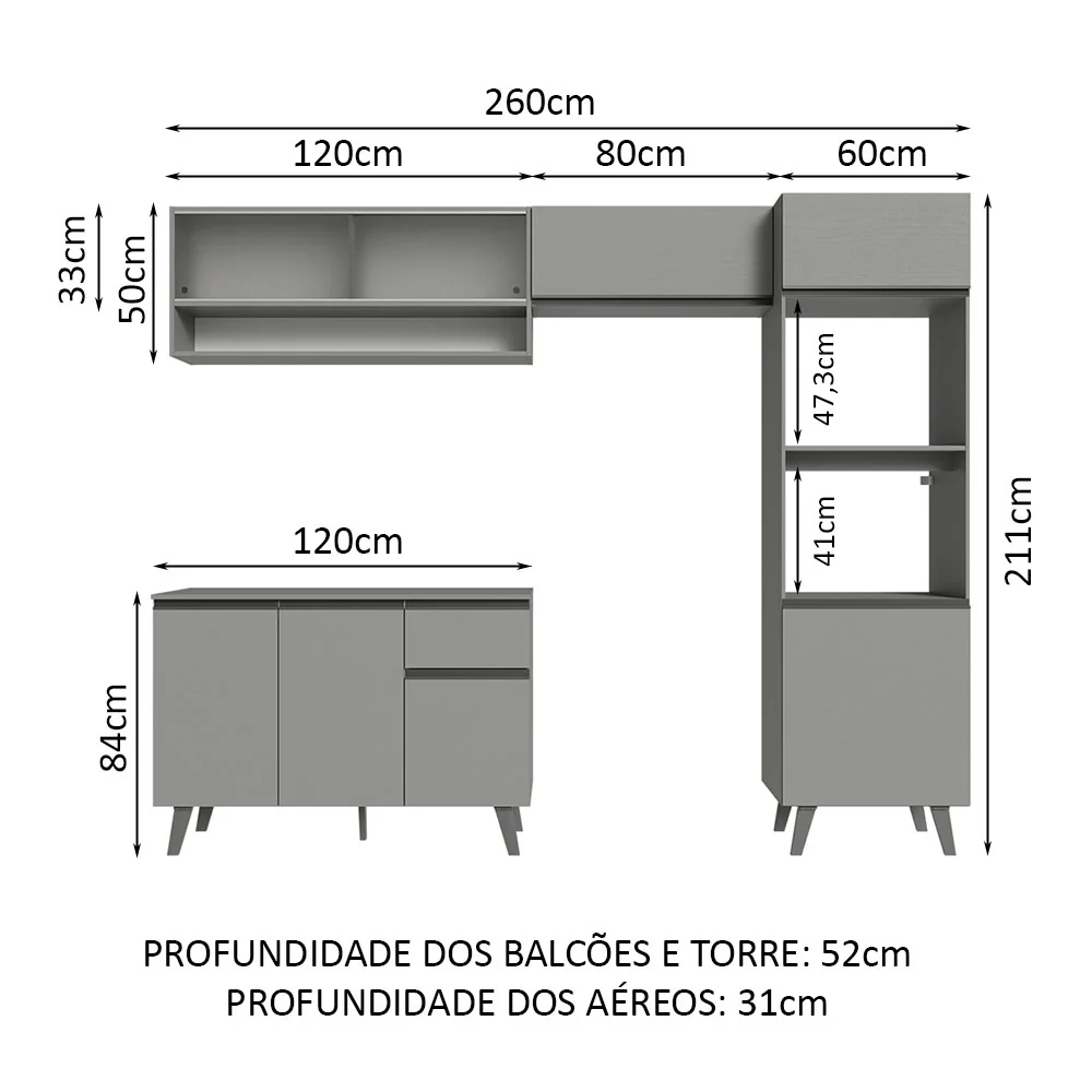 Armário de Cozinha Completa 260cm Cinza Nice Madesa 09 - Image 3