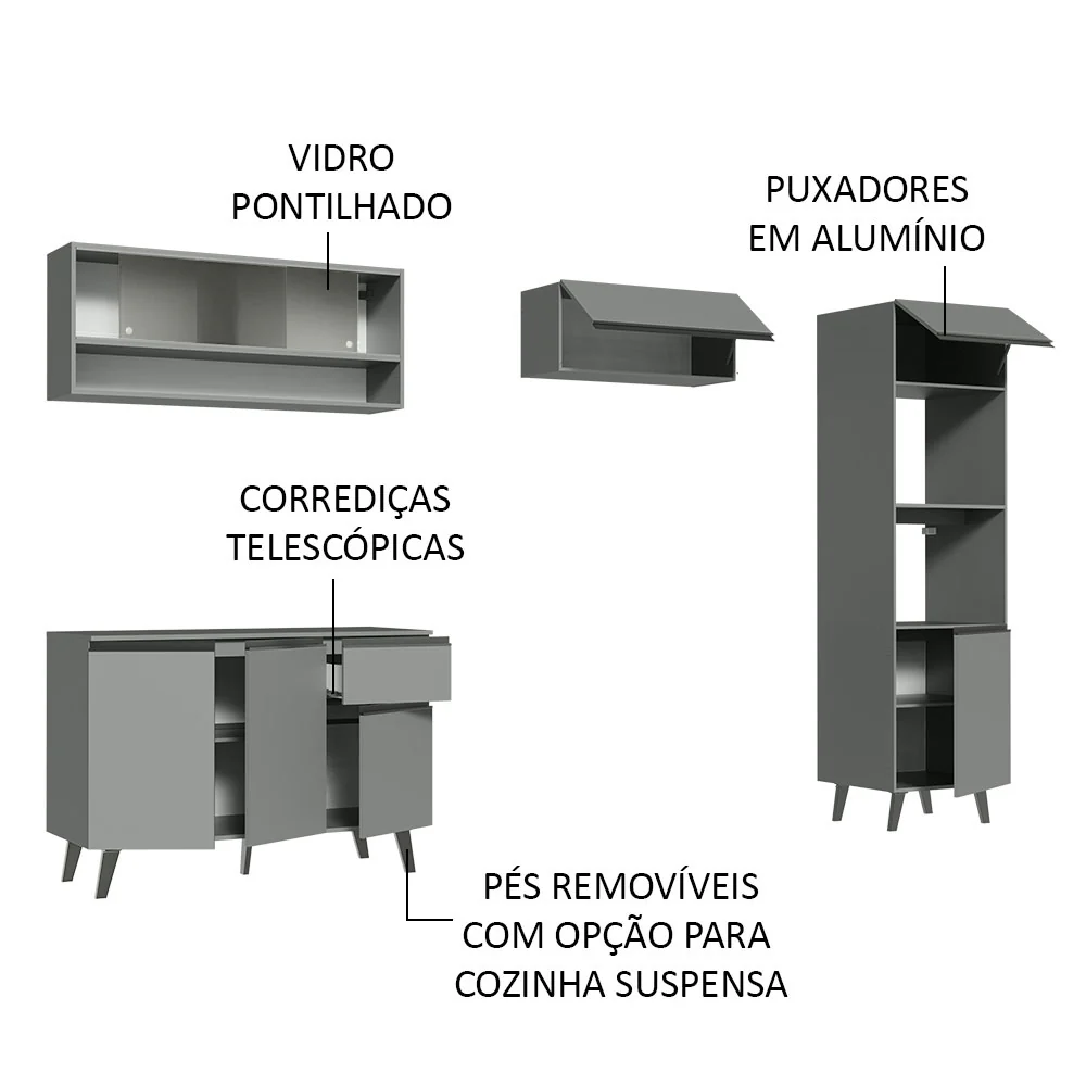 Armário de Cozinha Completa 260cm Cinza Nice Madesa 09 - Image 4