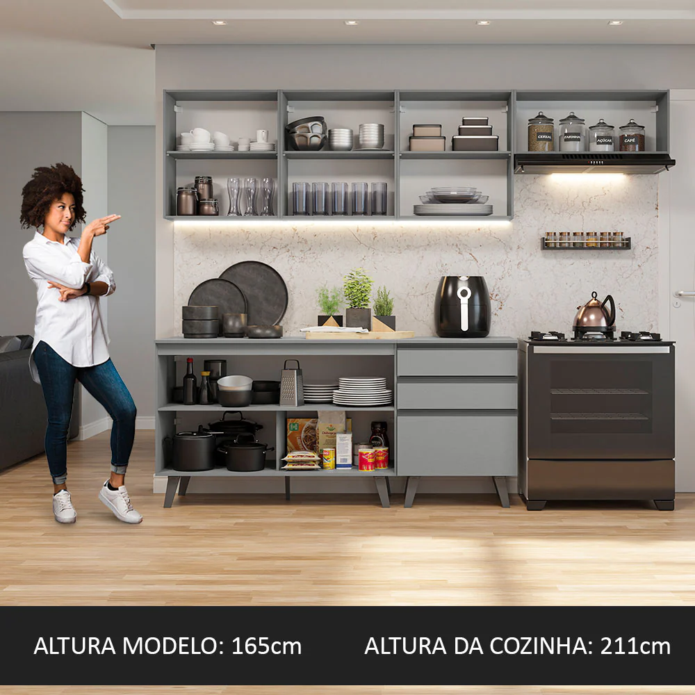 Armário de Cozinha Completa 260cm Cinza Nice Madesa 12 - Image 5