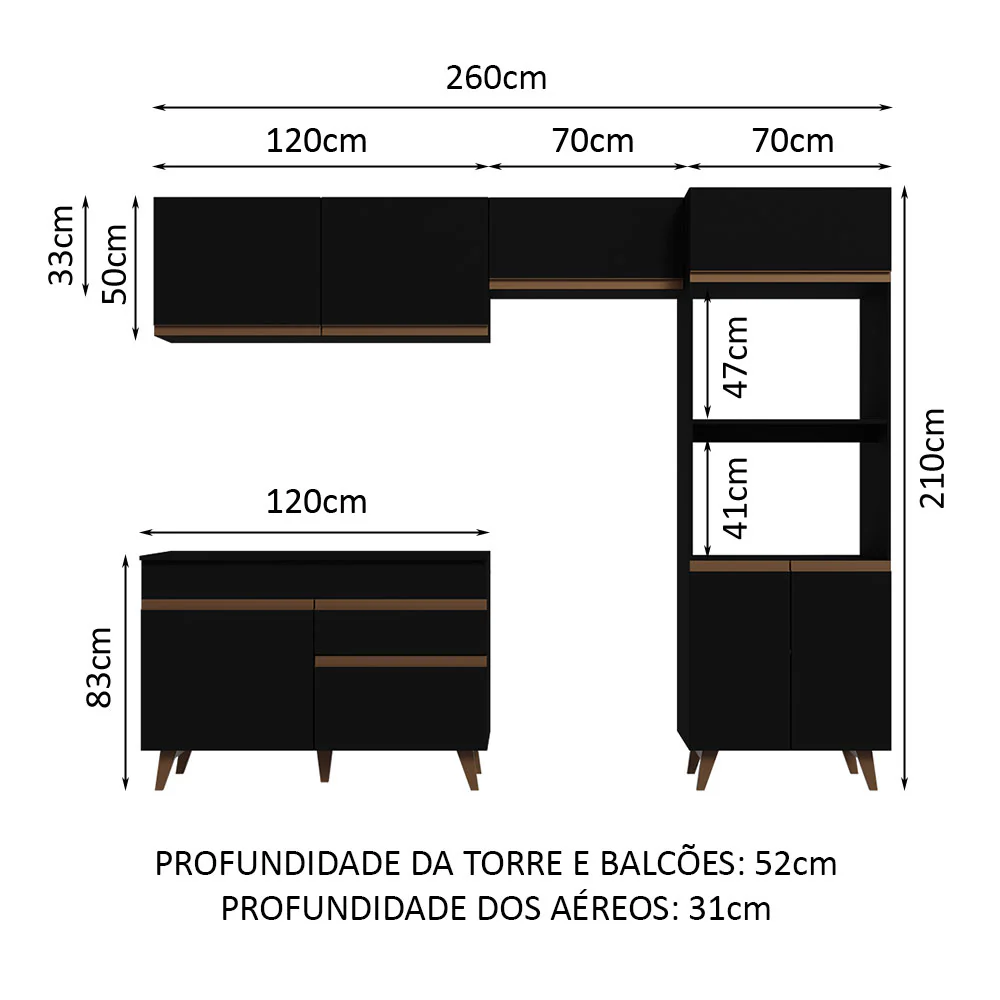Armário de Cozinha Completa 260cm Preto Reims Madesa 09 - Image 3