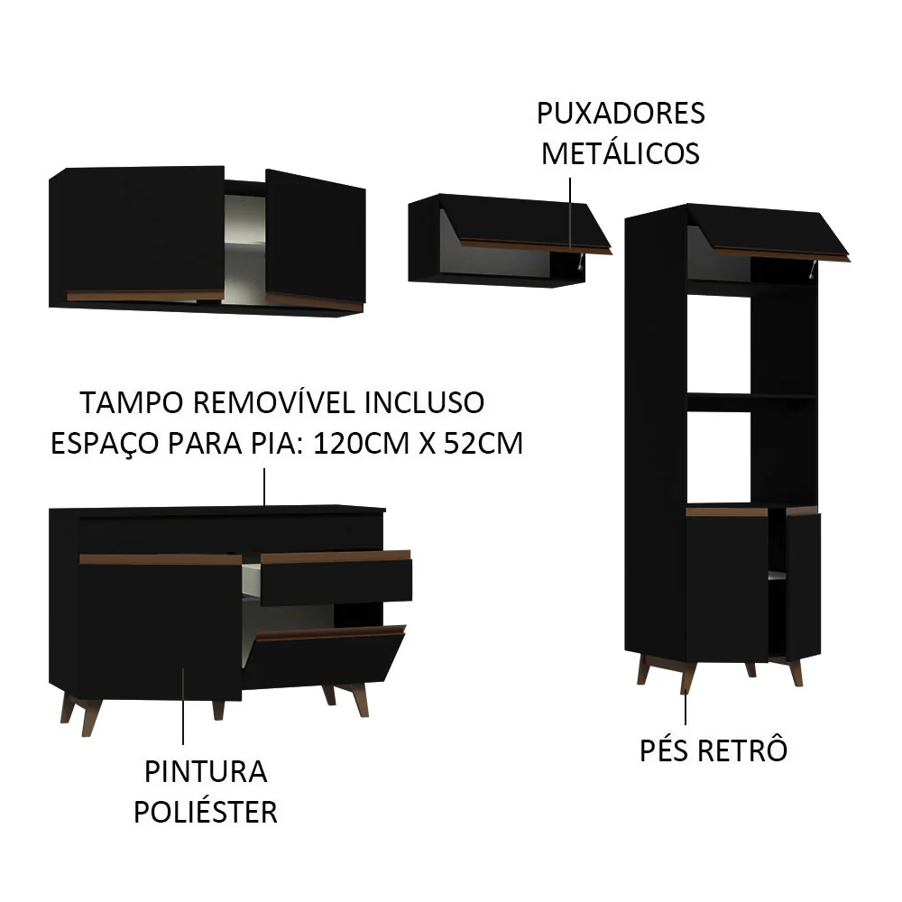 Armário de Cozinha Completa 260cm Preto Reims Madesa 09 - Image 4
