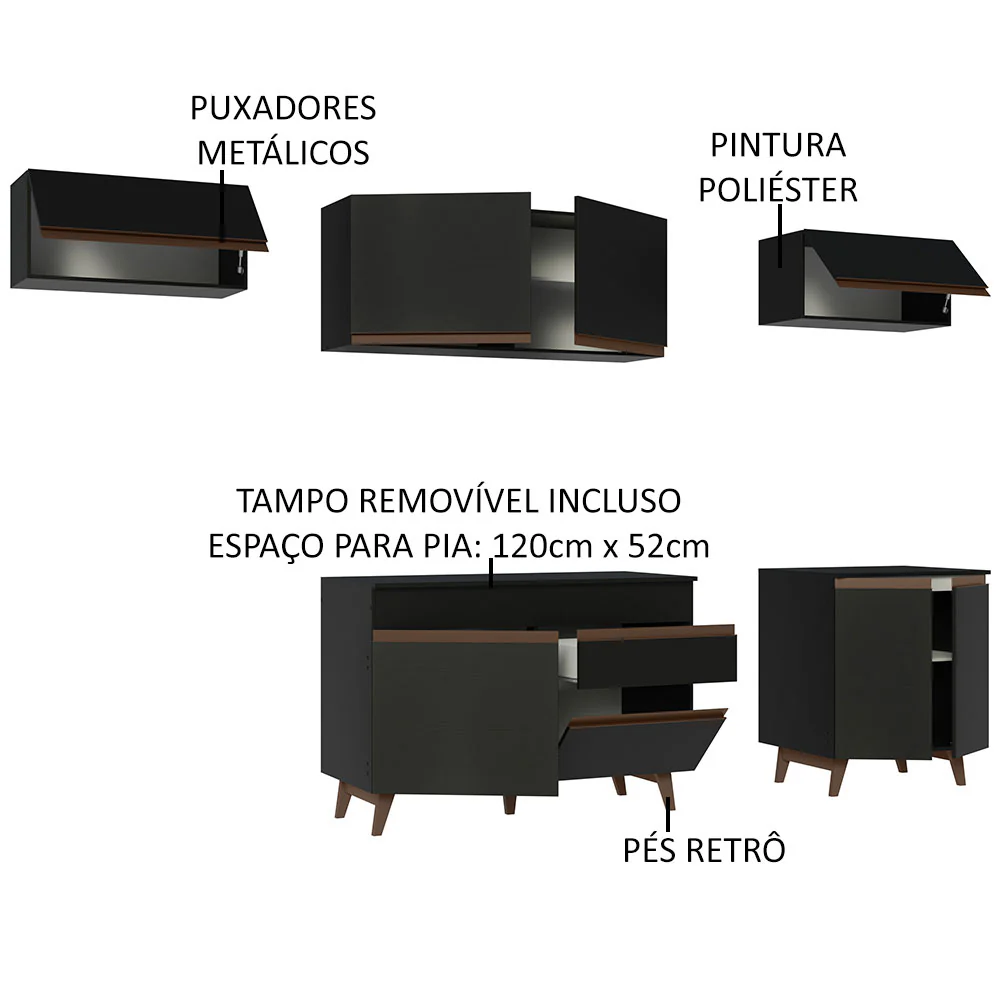 Armário de Cozinha Completa 260cm Preto Reims Madesa 10 - Image 4