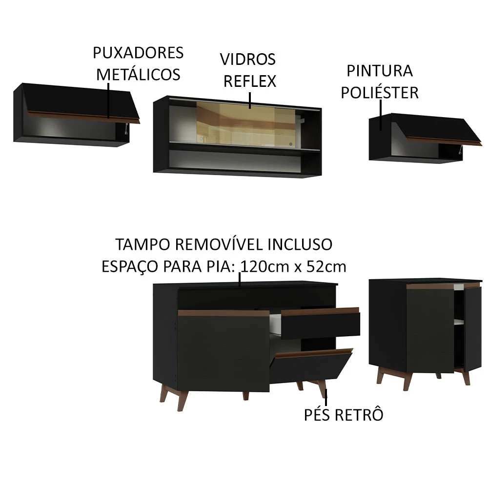 Armário de Cozinha Completa 260cm Preto Reims Madesa 11 - Image 4