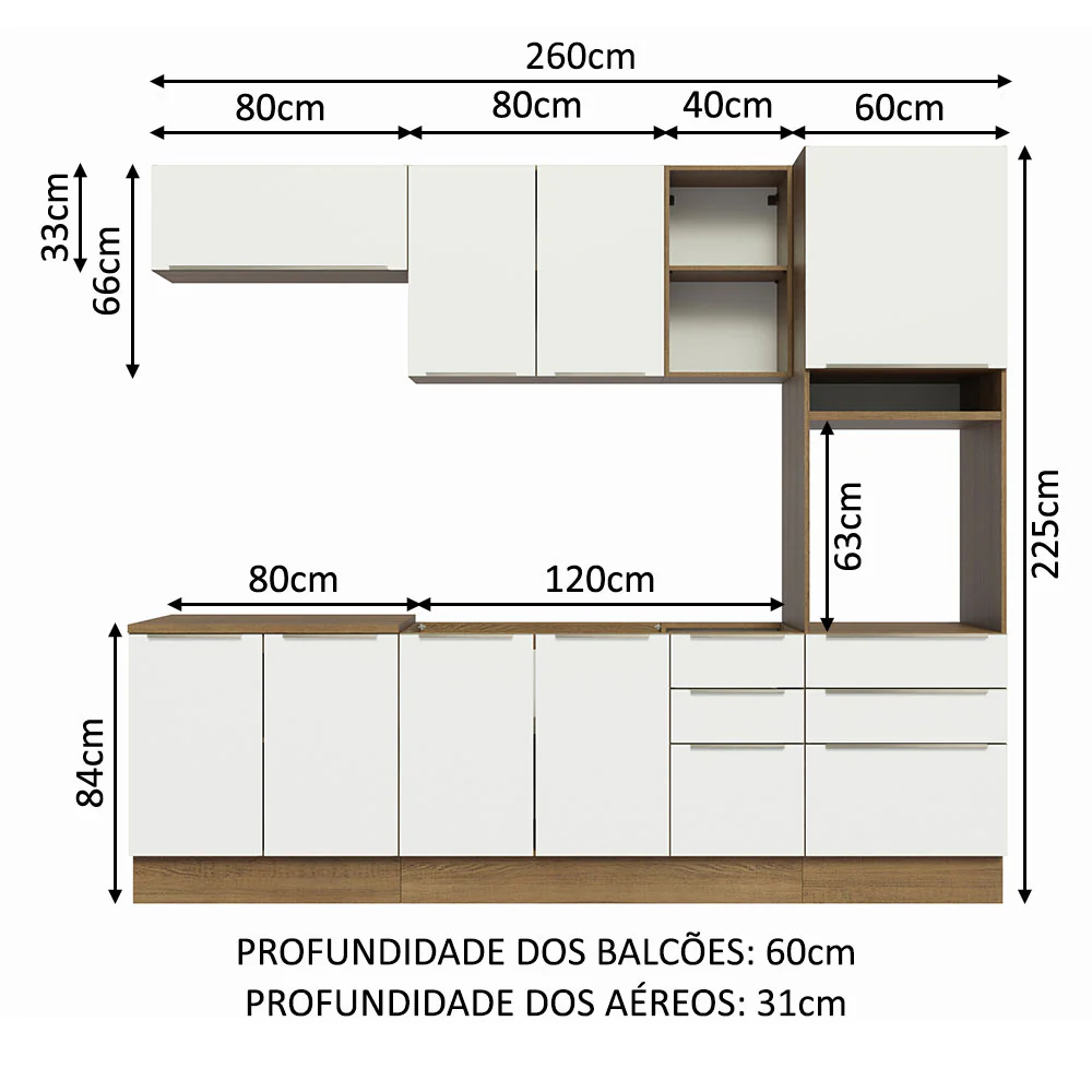 Armário de Cozinha Completa 260 x 60 cm Rustic/Branco Veludo Lux Madesa 08 - Image 3