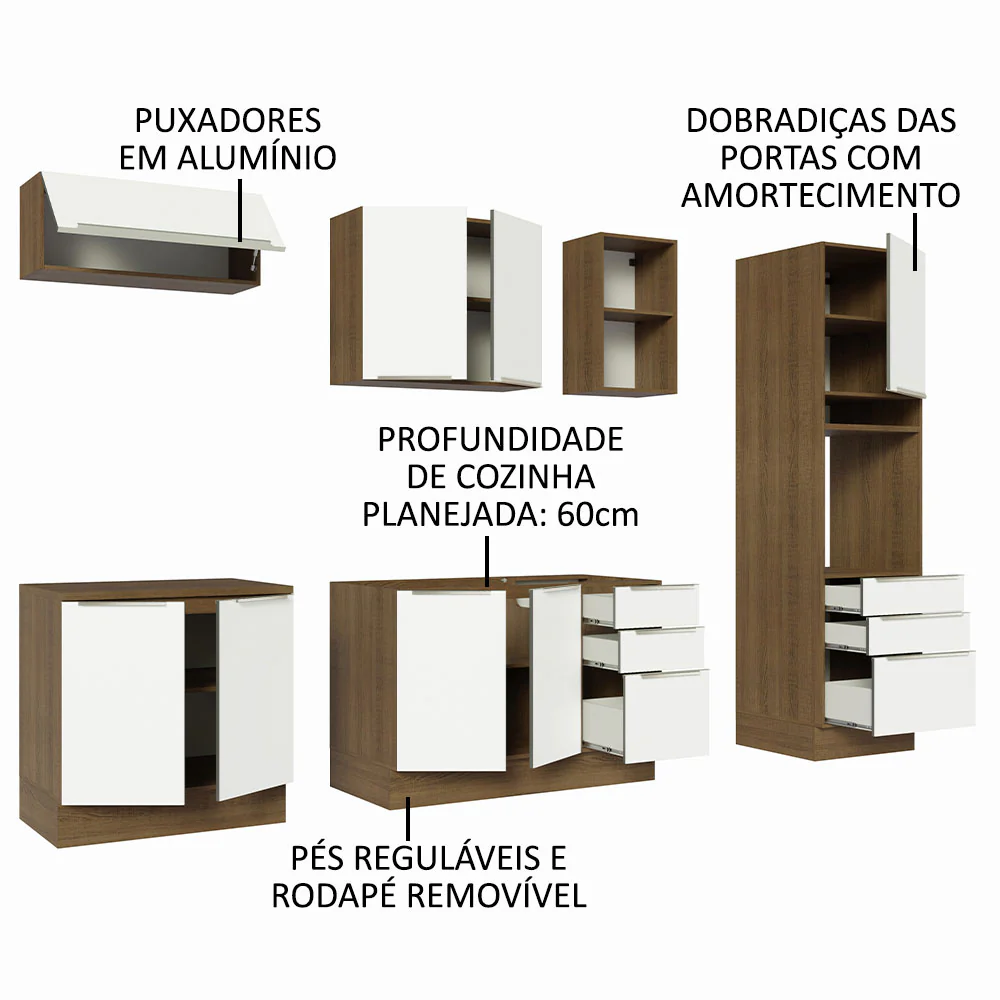 Armário de Cozinha Completa 260 x 60 cm Rustic/Branco Veludo Lux Madesa 08 - Image 4