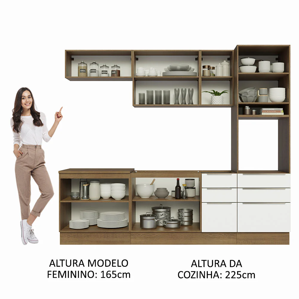 Armário de Cozinha Completa 260 x 60 cm Rustic/Branco Veludo Lux Madesa 08 - Image 5