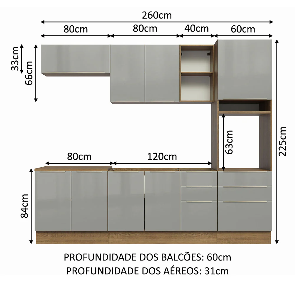 Armário de Cozinha Completa 260 x 60 cm Rustic/Cinza Lux Madesa 08 - Image 3