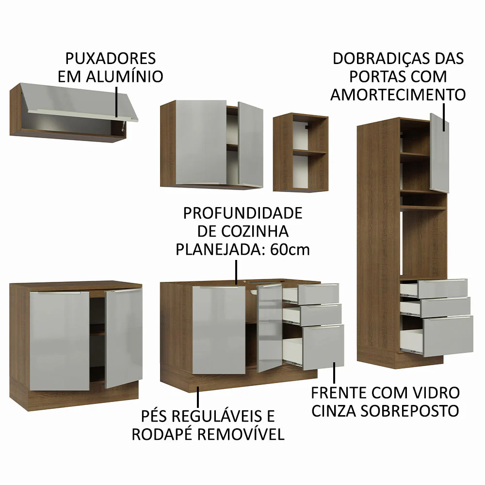 Armário de Cozinha Completa 260 x 60 cm Rustic/Cinza Lux Madesa 08 - Image 4