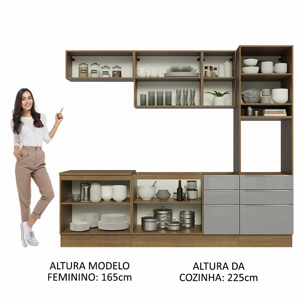 Armário de Cozinha Completa 260 x 60 cm Rustic/Cinza Lux Madesa 08 - Image 5