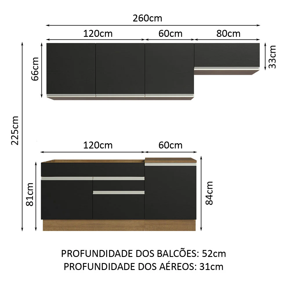 Armário de Cozinha Completa 260cm Rustic/Preto Glamy Madesa 03 - Image 3