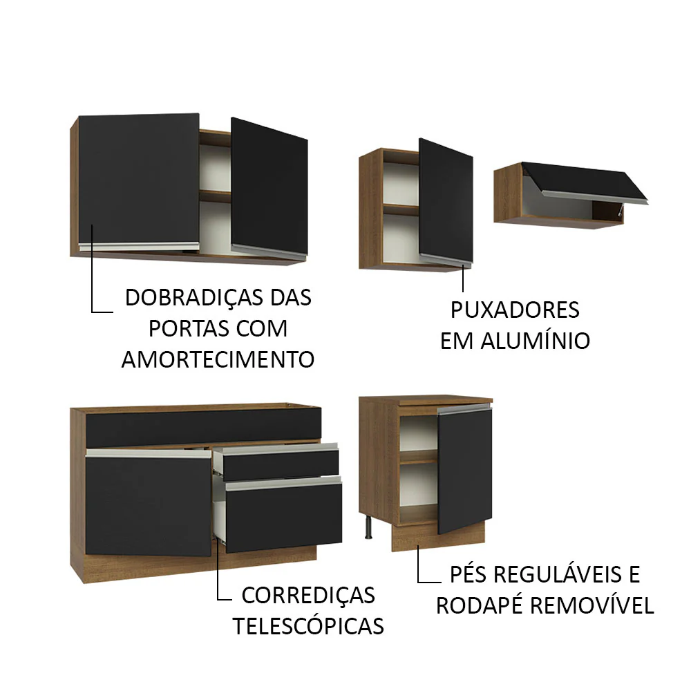 Armário de Cozinha Completa 260cm Rustic/Preto Glamy Madesa 03 - Image 4