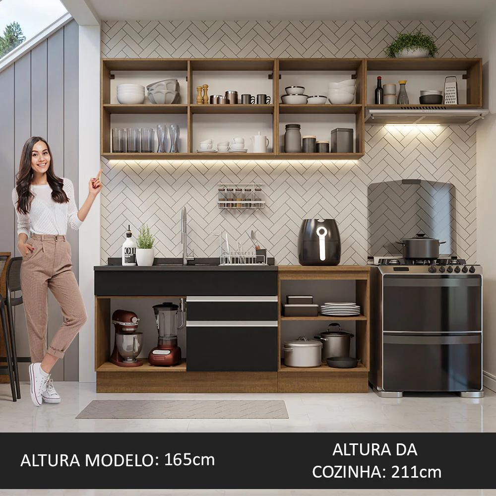 Armário de Cozinha Completa 260cm Rustic/Preto Glamy Madesa 03 - Image 5