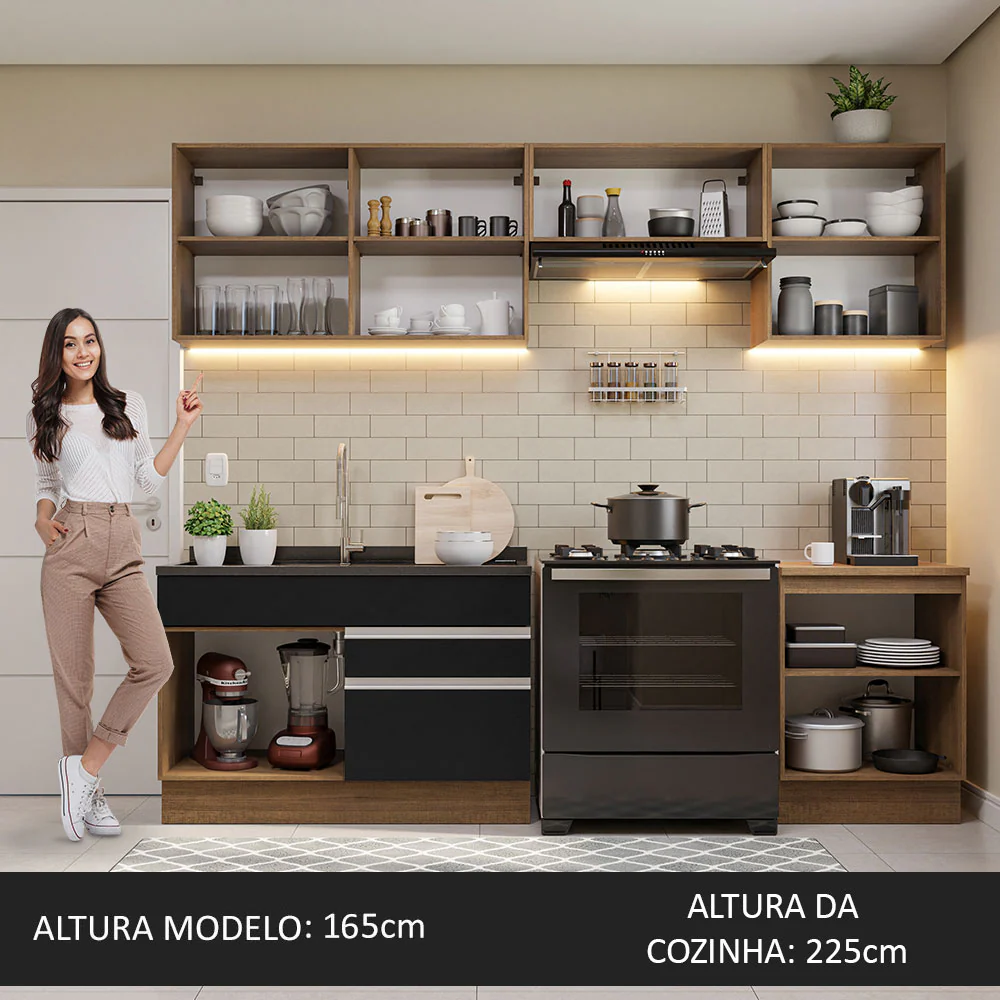 Armário de Cozinha Completa 260cm Rustic/Preto Glamy Madesa 04 - Image 6