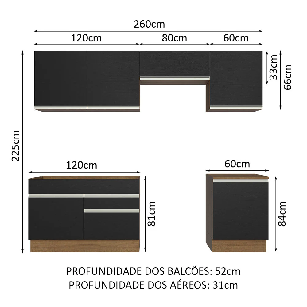 Armário de Cozinha Completa 260cm Rustic/Preto Glamy Madesa 05 - Image 3
