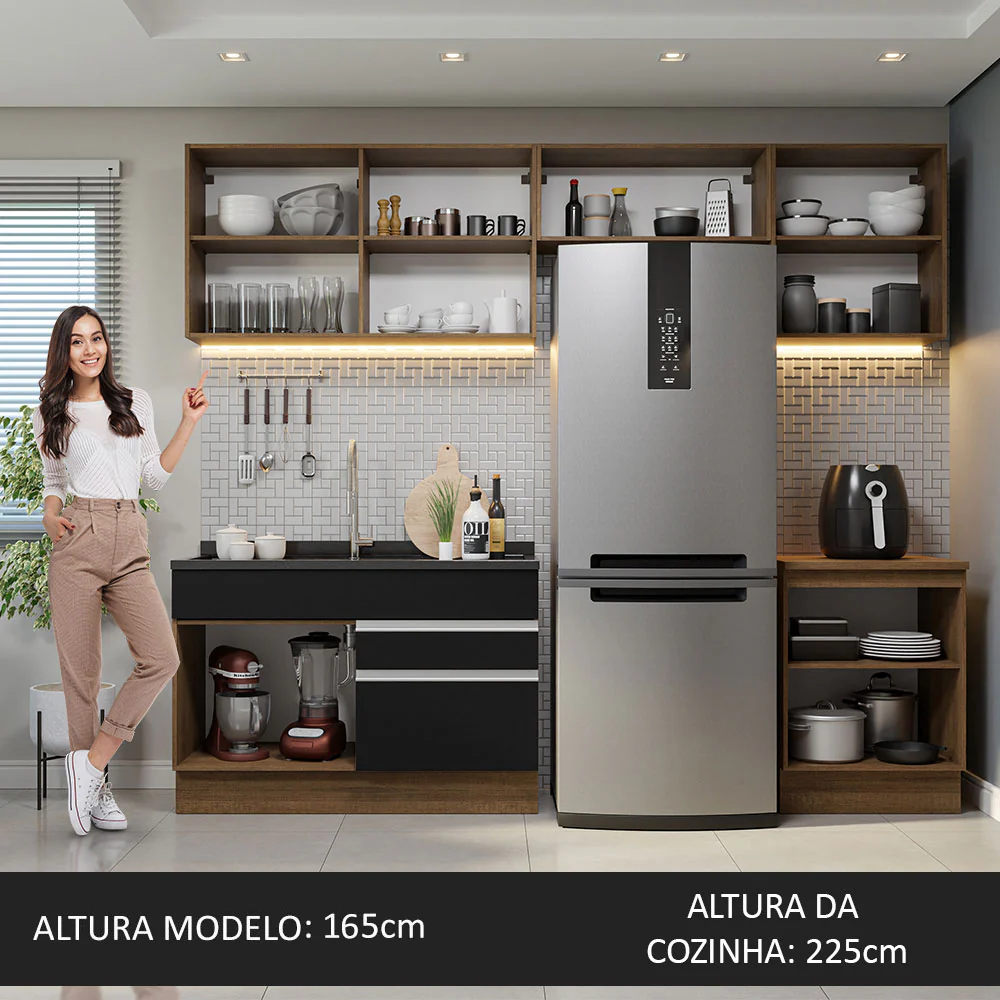 Armário de Cozinha Completa 260cm Rustic/Preto Glamy Madesa 05 - Image 6