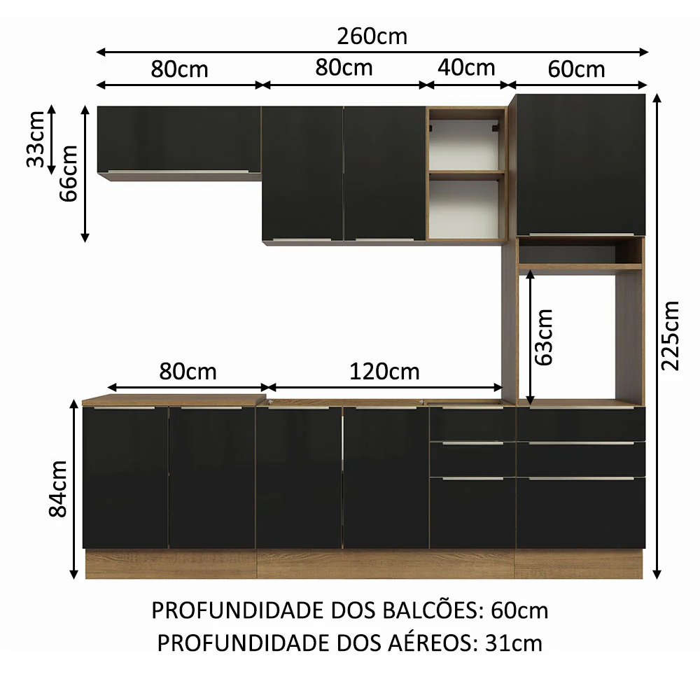 Armário de Cozinha Completa 260 x 60 cm Rustic/Preto Lux Madesa 08 - Image 3