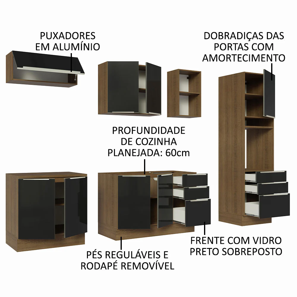 Armário de Cozinha Completa 260 x 60 cm Rustic/Preto Lux Madesa 08 - Image 4
