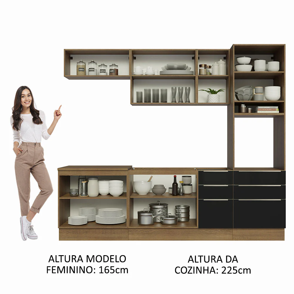 Armário de Cozinha Completa 260 x 60 cm Rustic/Preto Lux Madesa 08 - Image 5