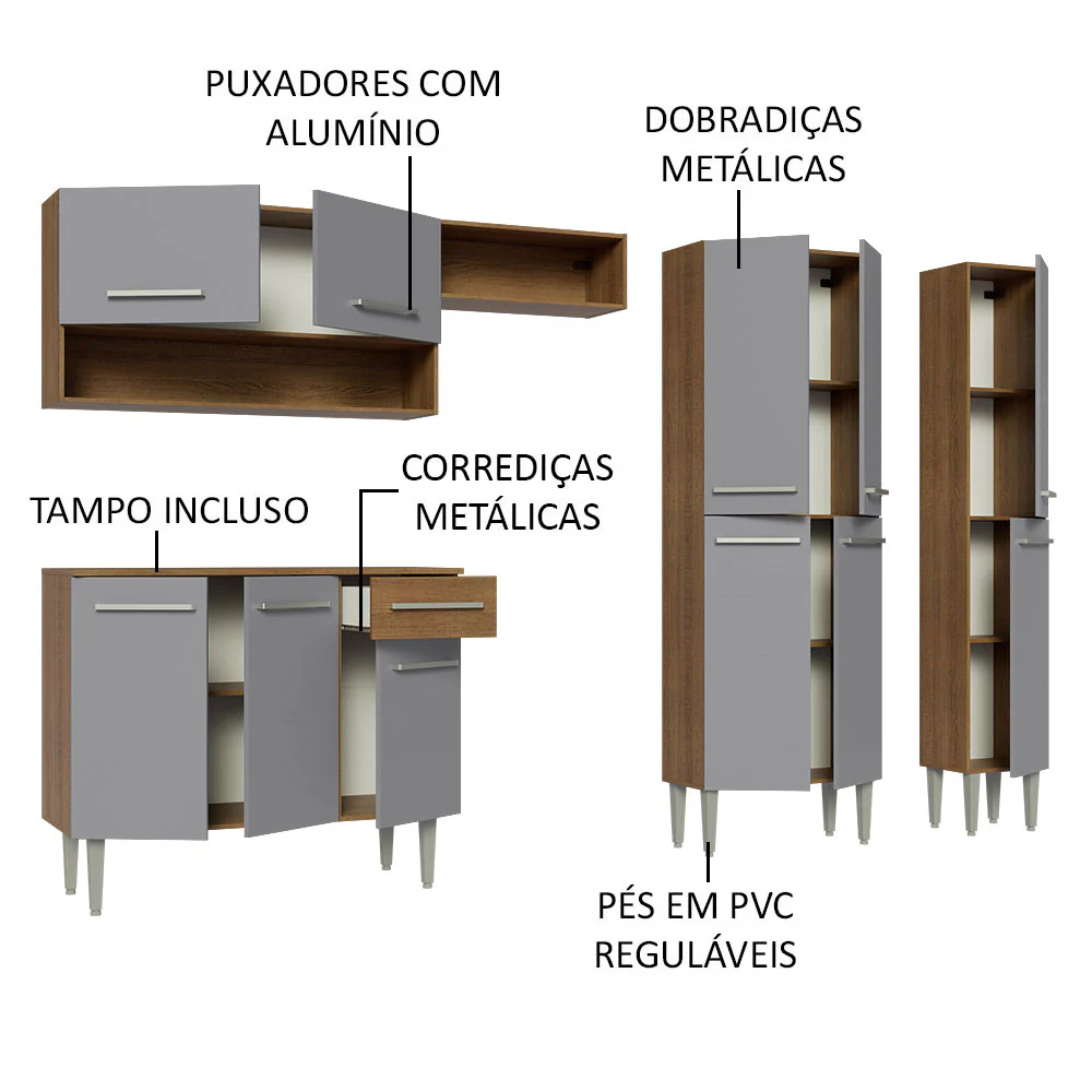 Armário de Cozinha Completa 261cm Rustic/Cinza Emilly Madesa 02 - Image 4
