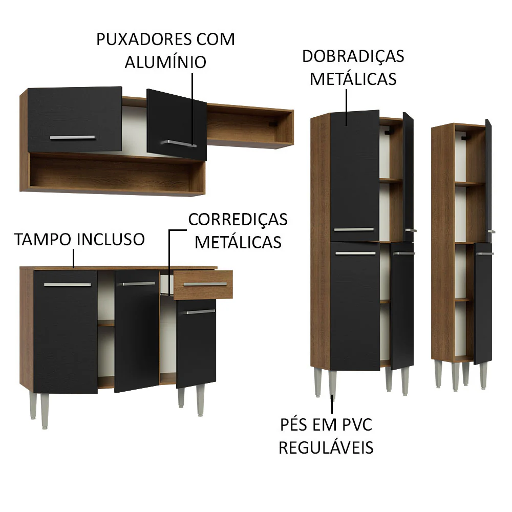 Armário de Cozinha Completa 261cm Rustic/Preto Emilly Madesa 02 - Image 4