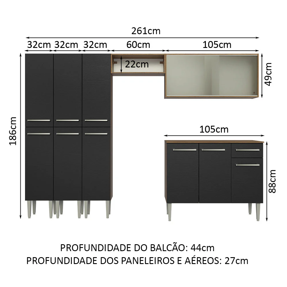 Armário de Cozinha Completa 261cm Rustic/Preto Emilly Madesa 03 - Image 3